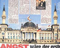 ALMAN MECLSݒNDE MNARE Alman Meclis binas Reichstaga fotomontajla iki minare ve bir hilal ekleyen gazete, slama ok mu fazla dn veriyoruz? sorusunu gndeme getirdi.