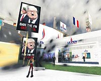 PROPAGANDA ARACI OLDU... Oyunda Le Pen taraftarlar sac liderin fotoraflarnn olduu tirtler giyiyor, Le Pen pankartlar ile propaganda yapyor. Royal de kendi sanal brosundan sosyalist parti politikalarn anlatyor.
